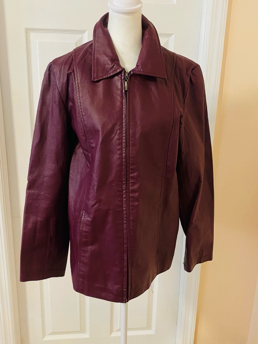 Woman’s burgundy point collar genuine leather y2k minimalist jacket size m